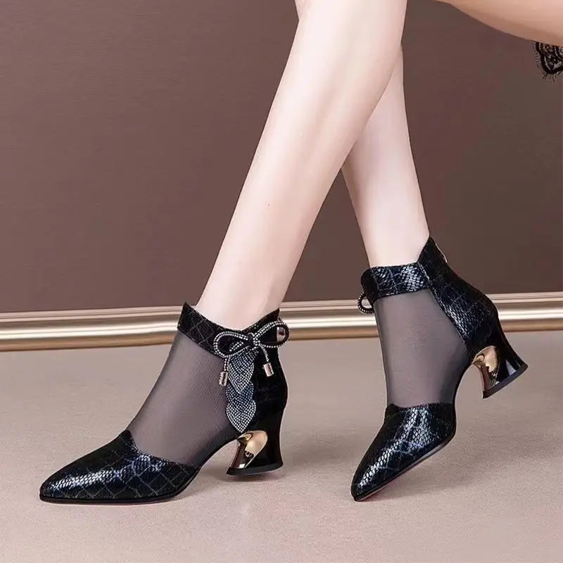 Rhinestone pointed toe shoes thick heel women's shoes