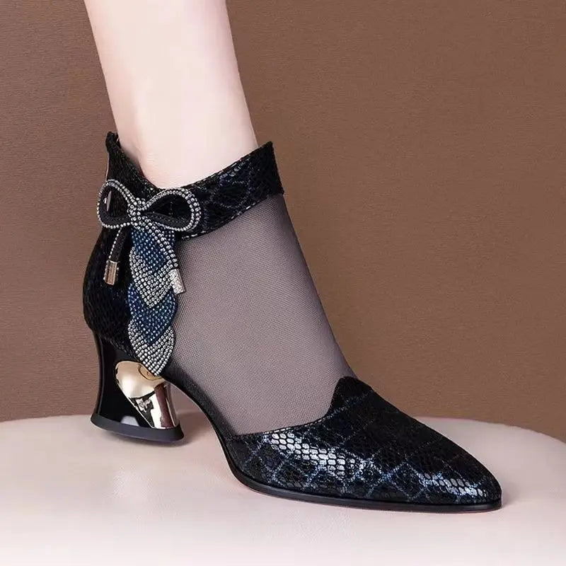 Rhinestone pointed toe shoes thick heel women's shoes